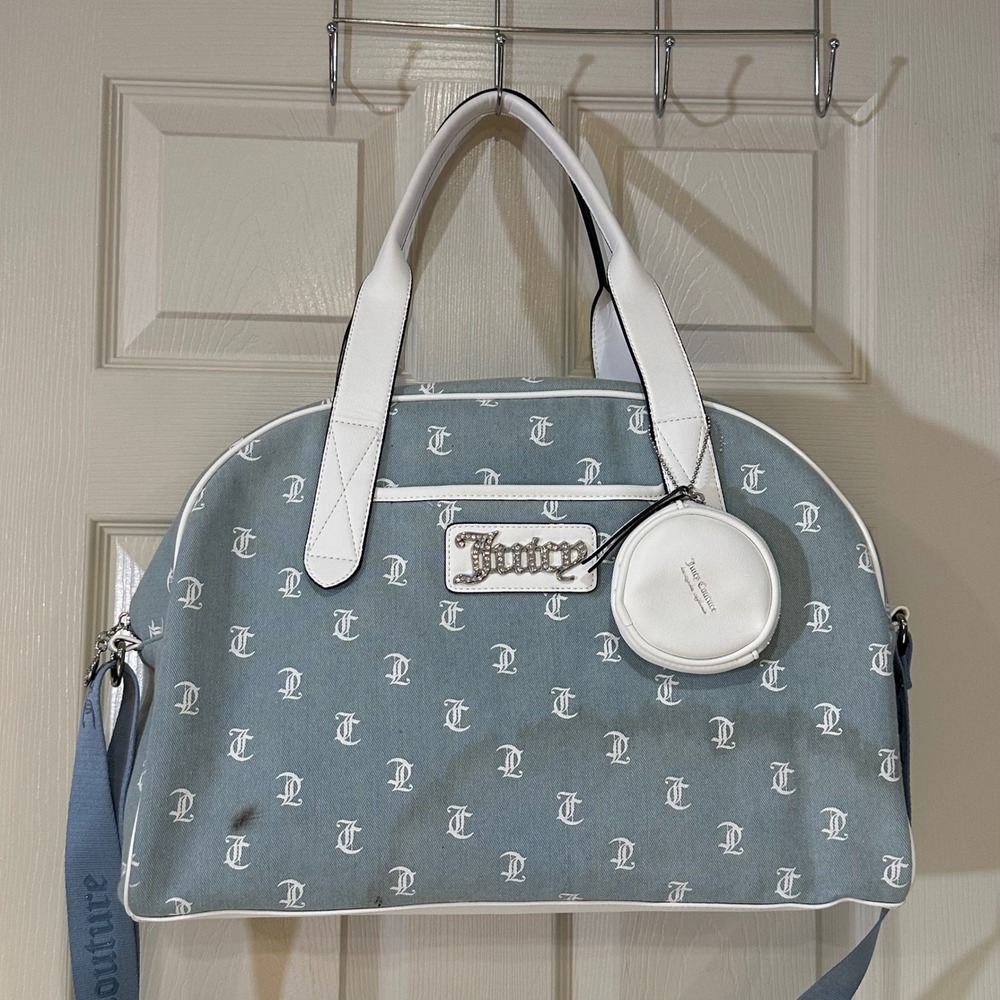 Juicy Couture Monogram Denim Duffle Bag Light Blue White JC Travel Weekender